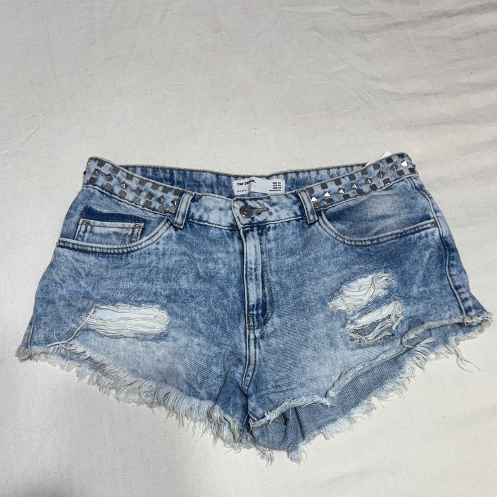 Zara Blue Distressed Jean Shorts with Studded Waist - Y2K Vibe